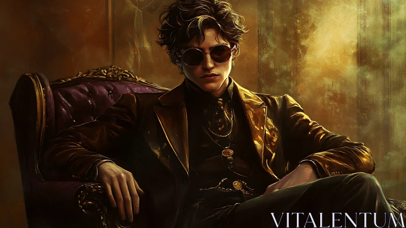 Velvet throne embraces a golden-suited prince of shadows