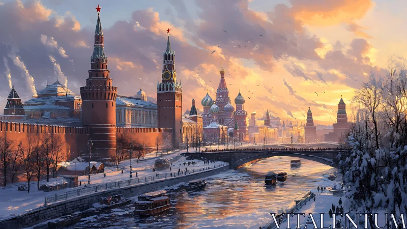 Winter sunset over Kremlin walls and riverfront skyline.