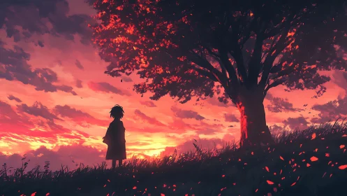 Silhouetted figure beside large tree under red sunset sky.