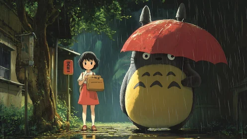 Girl and large creature share red umbrella at rainy bus stop