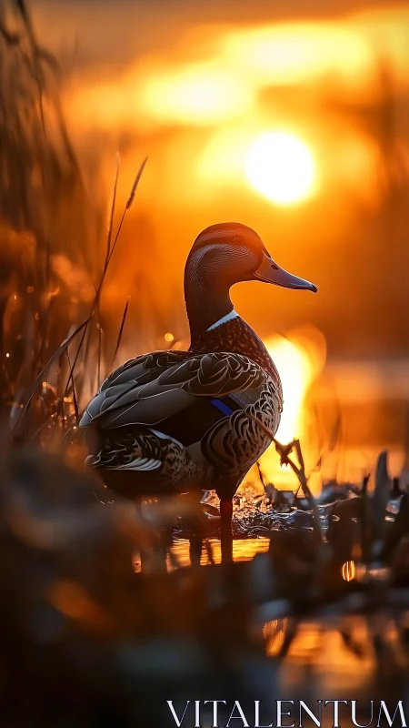 Mallard drake in shallow wetland at golden hour sunrise