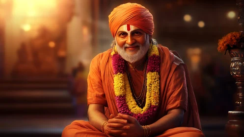Smiling Hindu guru in warm temple light, floral garlands.
