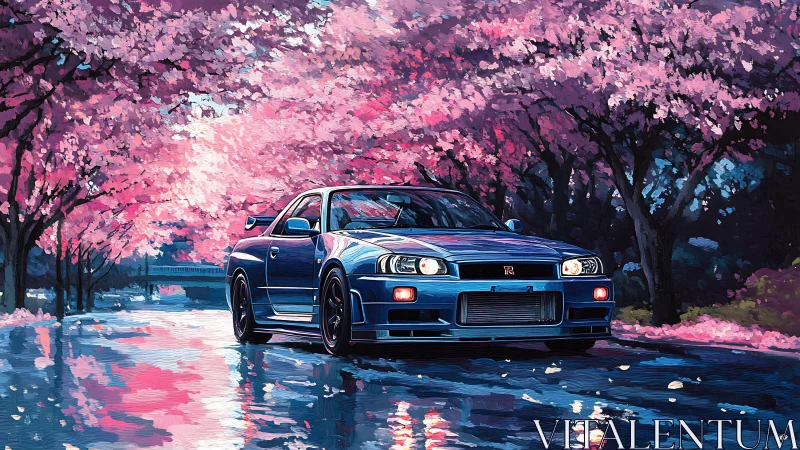 Blue sports car under pink cherry blossoms on wet road.