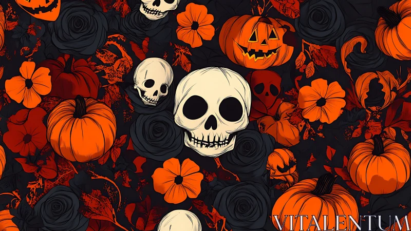 Digital Halloween skull and pumpkin floral seamless pattern design.