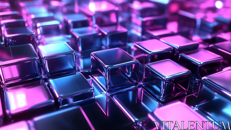 Neon glass cubes grid under vibrant pink blue light.