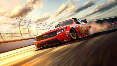 Red stock car races on banked track under warm sunset light