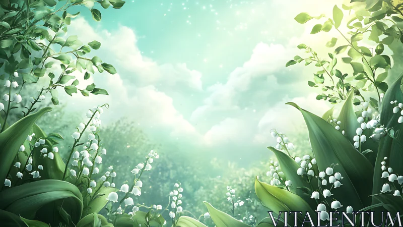 Lily of the valley meadow rendered in luminous digital light