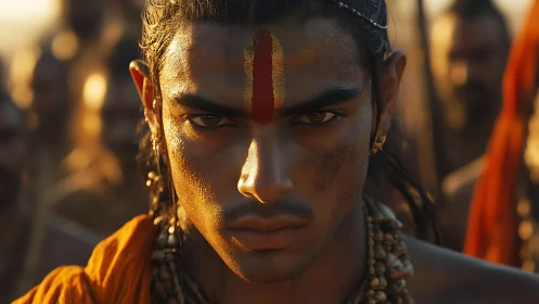 Warrior monk portrait under golden backlight with tilak mark.