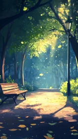 Luminescent Park Sanctuary: Where Falling Leaves Choreograph Evening Light.