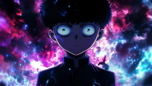 Psychic anime boy before cosmic storm of neon energy.