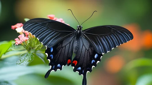 Black swallowtail butterfly rests in vibrant garden light