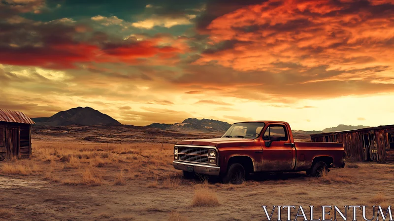 Rust-red pickup below blazing desert sunset skyscape.