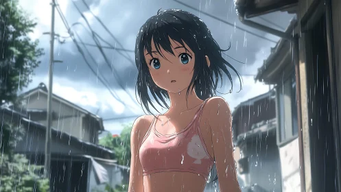 Anime girl stands in heavy rain on narrow residential street