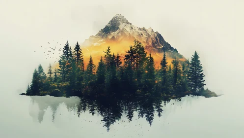 Isolated conifer island with mirrored alpine massif reflection.