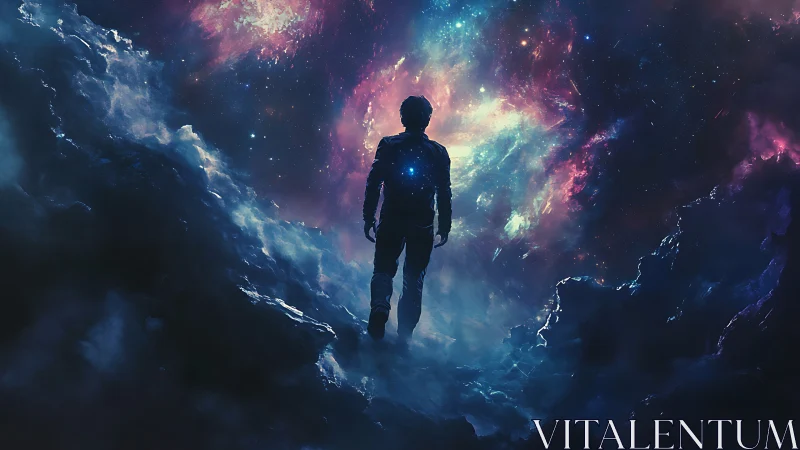 Silhouetted figure walks through glowing cosmic nebula sky