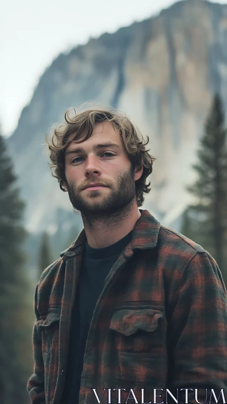 Bearded man in plaid jacket standing in mountain forest.