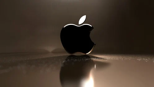 Glossy black apple logo reflects on metallic surface