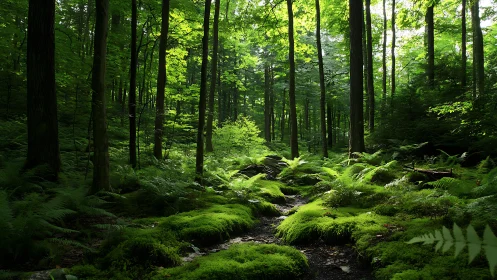 Lush green forest path with moss and ferns, natural daylight scene.