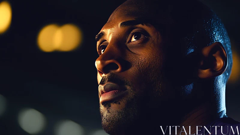 Focused male athlete portrait under stadium lights.