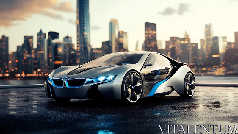 Futuristic sports coupe is parked on wet rooftop at dusk