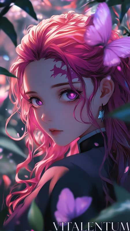 Butterfly-kissed girl glowing in soft pink twilight magic.