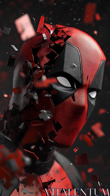 Fragmented red mask portrait in dynamic 3D shatter effect.