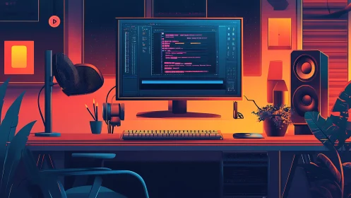 Glowing coding desk celebrates a cozy late night workspace