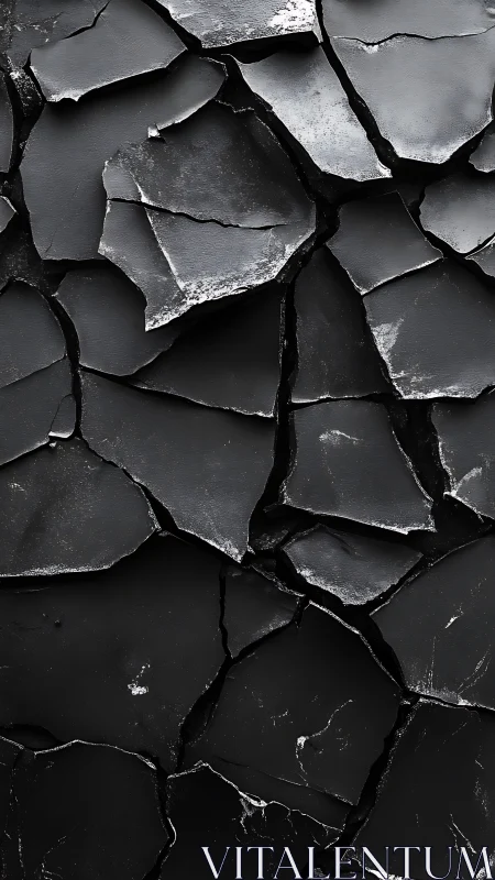 Broken black surface shows layered cracked plate fragments