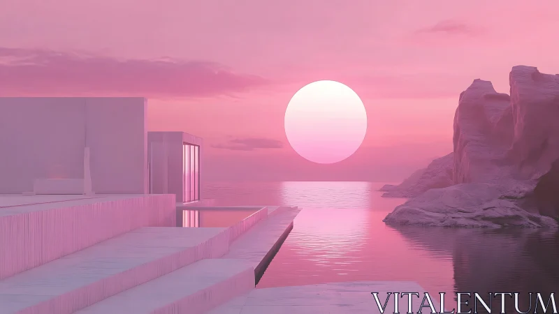 Surreal Pink Sunset Seascape with Minimalist Architecture and Rock Formations.