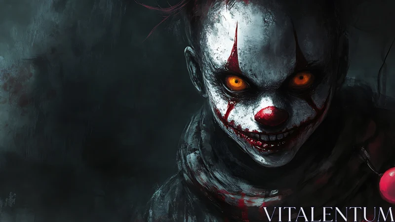Sinister clown emerges from darkness with burning golden eyes
