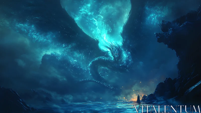 Luminescent ocean wyrm emerging from storm-torn night sky.