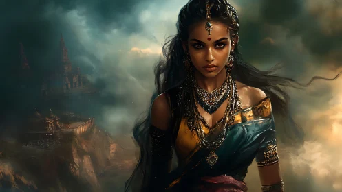 Warrior queen stands before stormlit ancient fortress cliffs