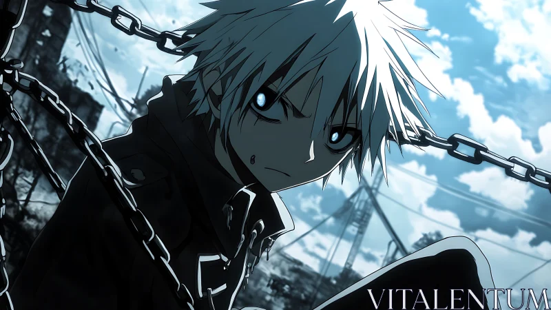 Defiant white haired fighter meets chains in a ruined sky city