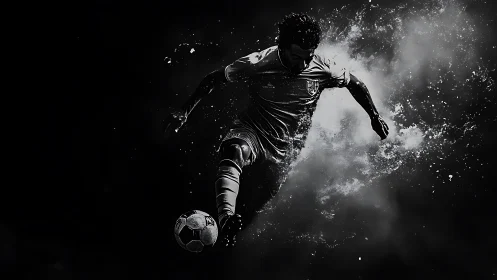 Monochrome dynamic soccer strike with particulate motion physics.