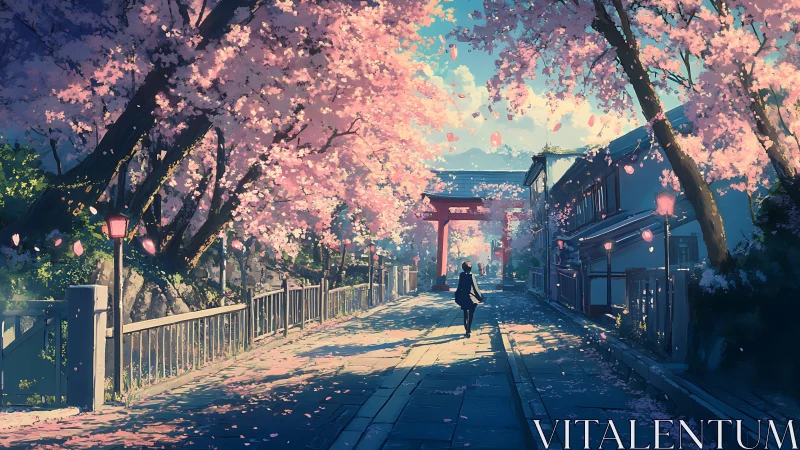 Cherry blossoms pour sunlight over a quiet shrine street