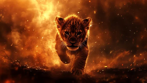 Lion cub sprints through ember‑lit smoke with high contrast lighting