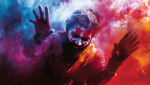 Man in colored powder cloud with painted face celebrates.
