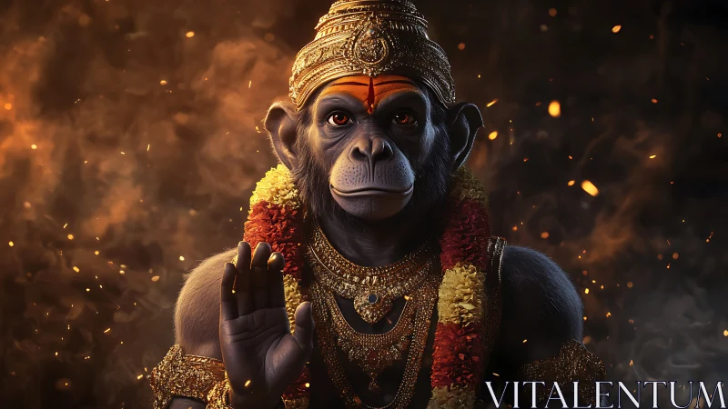 Divine simian deity in ornate regalia amid embers and smoke.