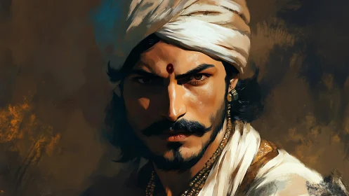 Regal turbaned warrior glares with intense, shadowed focus.