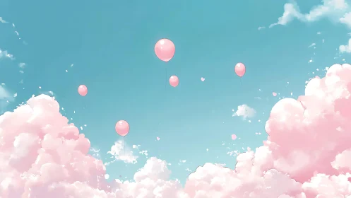 Aerostatic pink balloons traversing cumuliform cotton clouds.