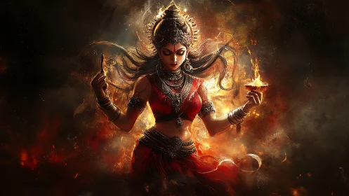 Fire crowned goddess dances between embers and midnight smoke