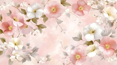 Gentle blush garden of pastel flowers on a dreamy sky background.