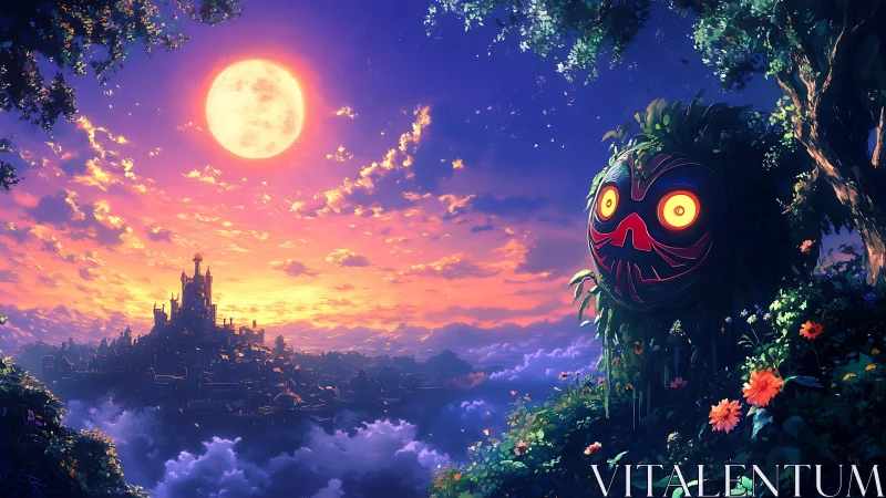 Moonlit sky castle and watching forest mask at dusk.