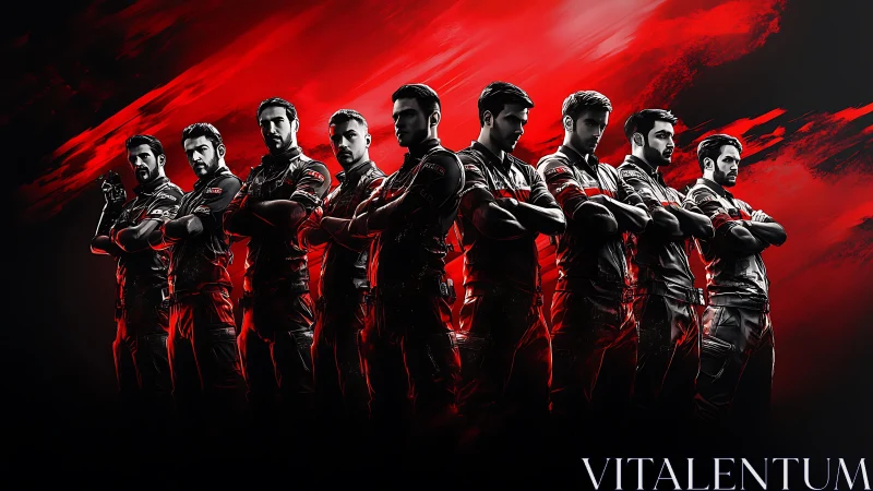 Esports squad stand united under red dynamic lighting.