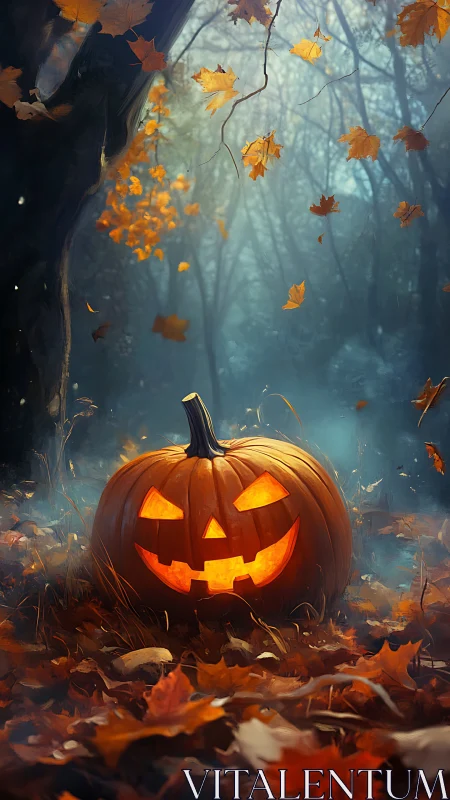 Jack-o-lantern glow brightens a misty autumn forest path.