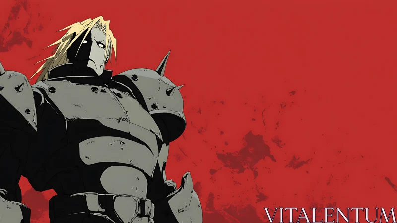 Armored humanoid silhouette against distressed red field.