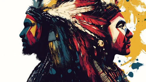 Two opposing tribal portraits in bold feathered headdresses.