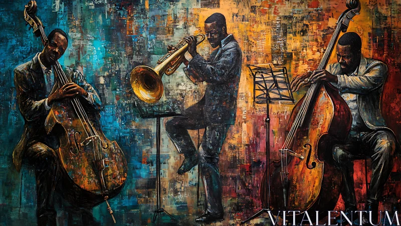 Textured jazz trio portrait uniting impasto brushwork and warm lighting
