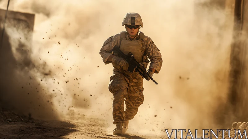 Soldier advances through dust-filled urban conflict zone