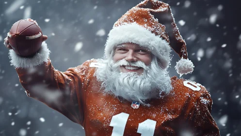 Santa-costumed football player holding ball in snowfall scene.